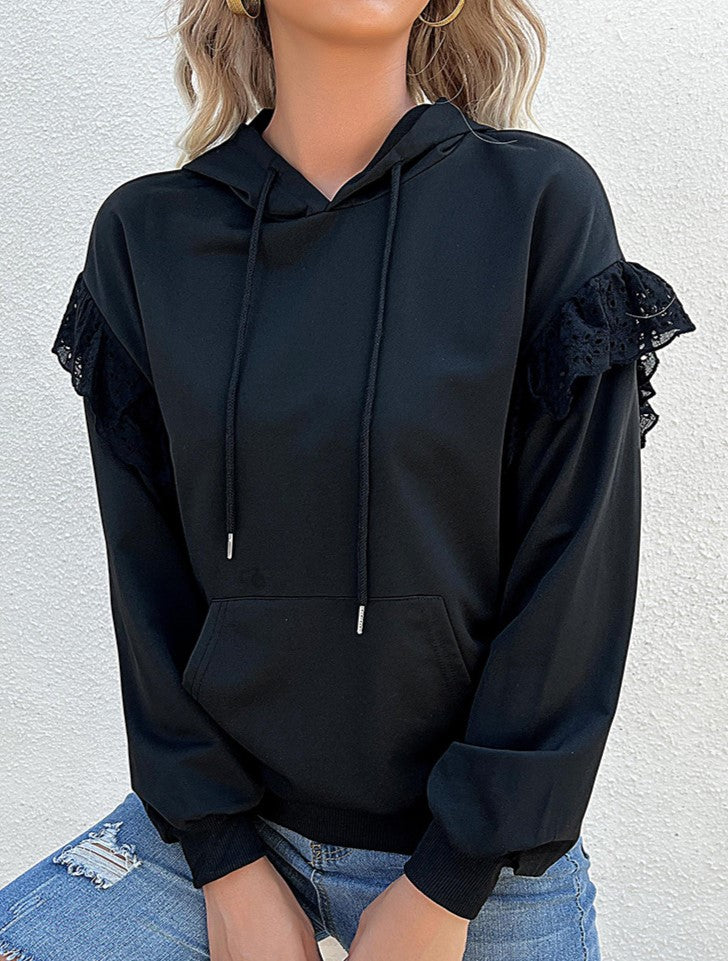 Lace Ruffle Shoulder Drawstring Hoodie - Black - 1