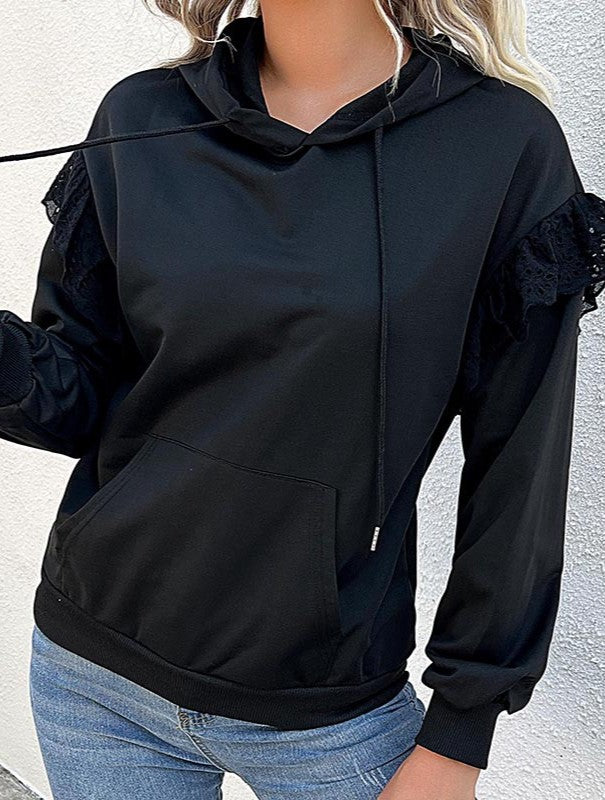 Lace Ruffle Shoulder Drawstring Hoodie - Black - 3