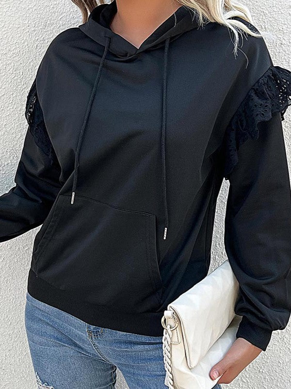 Lace Ruffle Shoulder Drawstring Hoodie - Black - 4