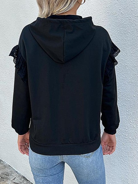 Lace Ruffle Shoulder Drawstring Hoodie - Black - 6