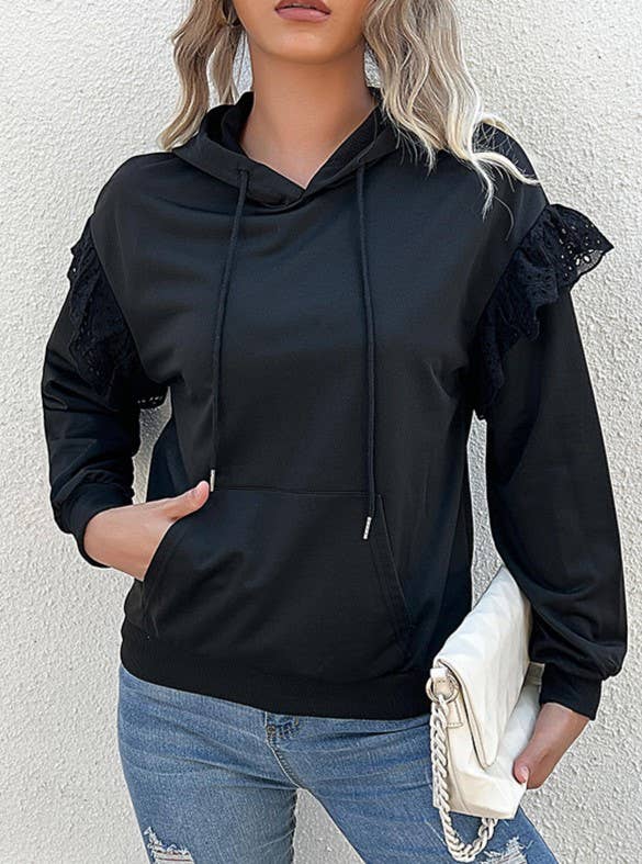 Lace Ruffle Shoulder Drawstring Hoodie