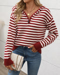 Striped Quarter Zip Hooded Knit Sweater - Red