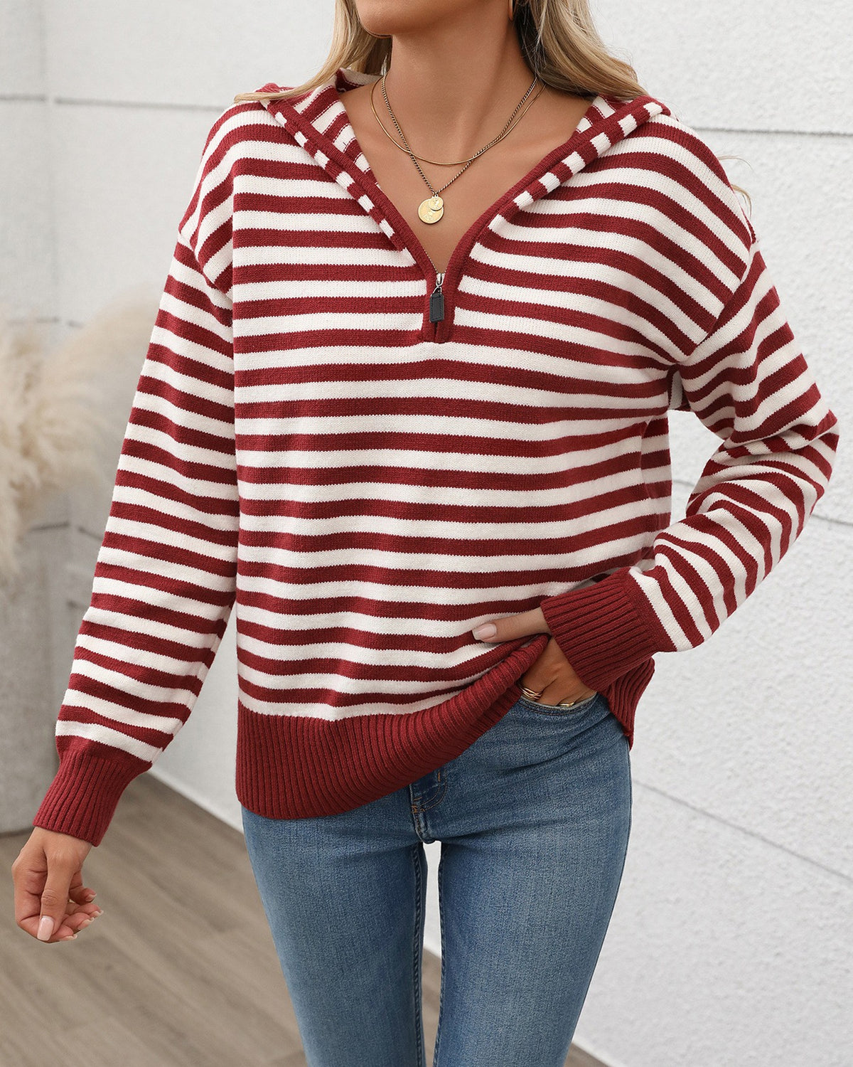 Striped Quarter Zip Hooded Knit Sweater - Red - 1