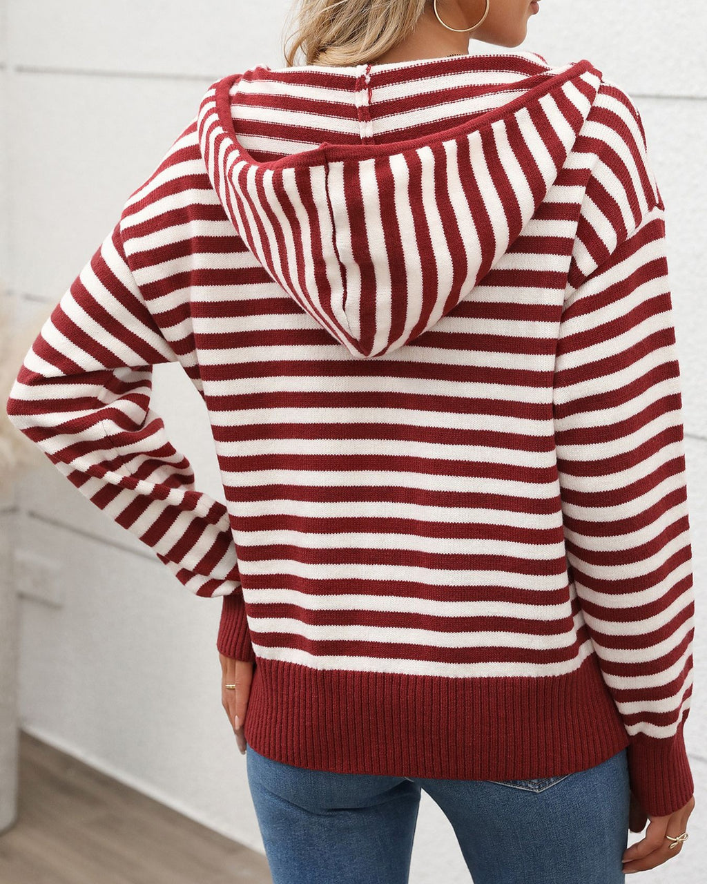 Striped Quarter Zip Hooded Knit Sweater - Red - 3
