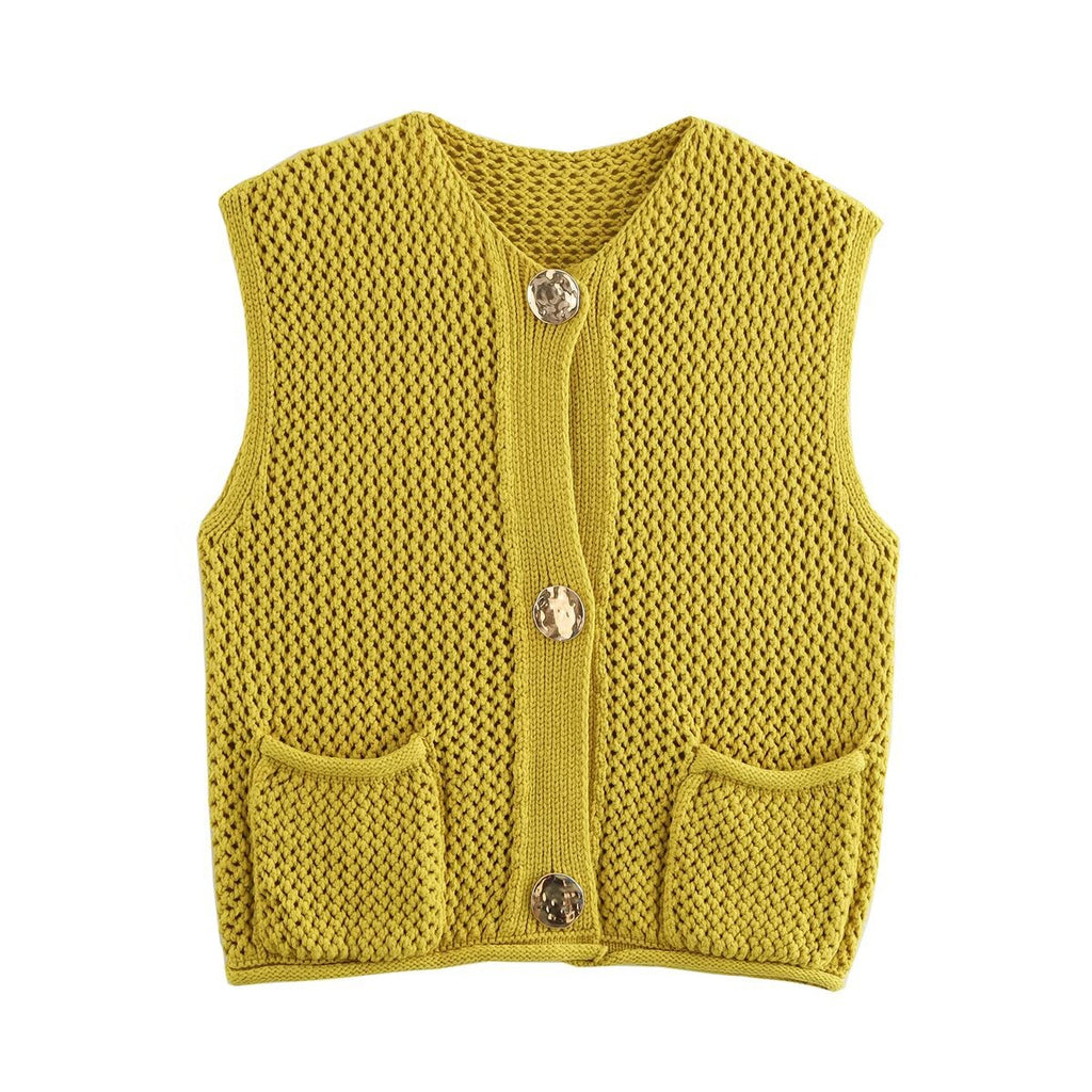 Chunky Open Knit Sleeveless Cardigan - G_Olive - 1