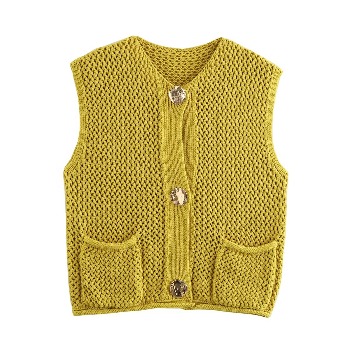 Chunky Open Knit Sleeveless Cardigan - G_Olive - 1