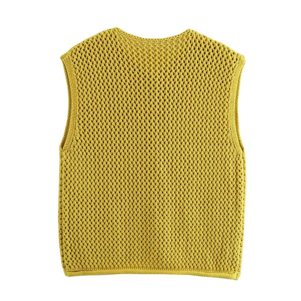 Chunky Open Knit Sleeveless Cardigan - G_Olive - 2