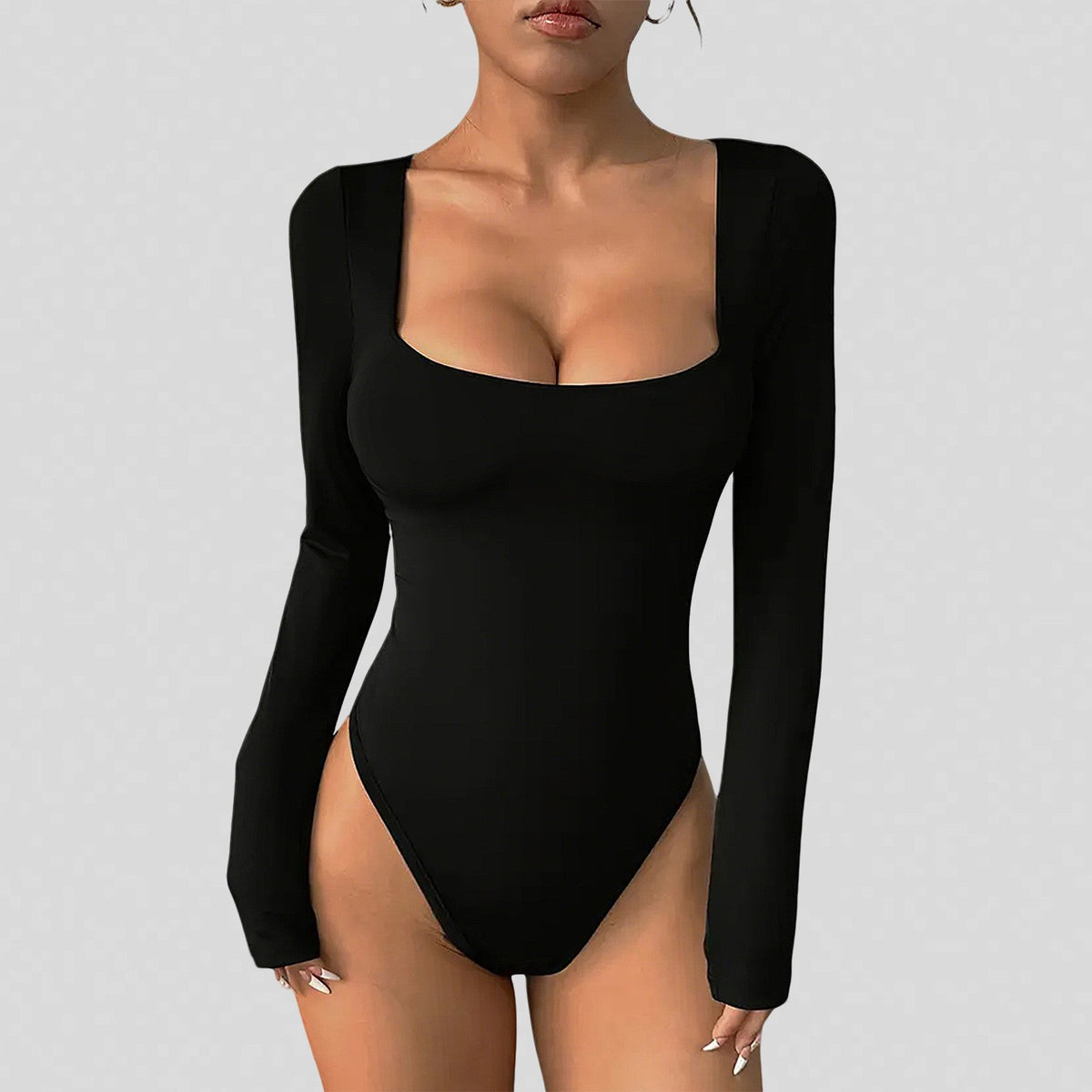 Square Neck Long Sleeve Sculpting Bodysuit - Black
