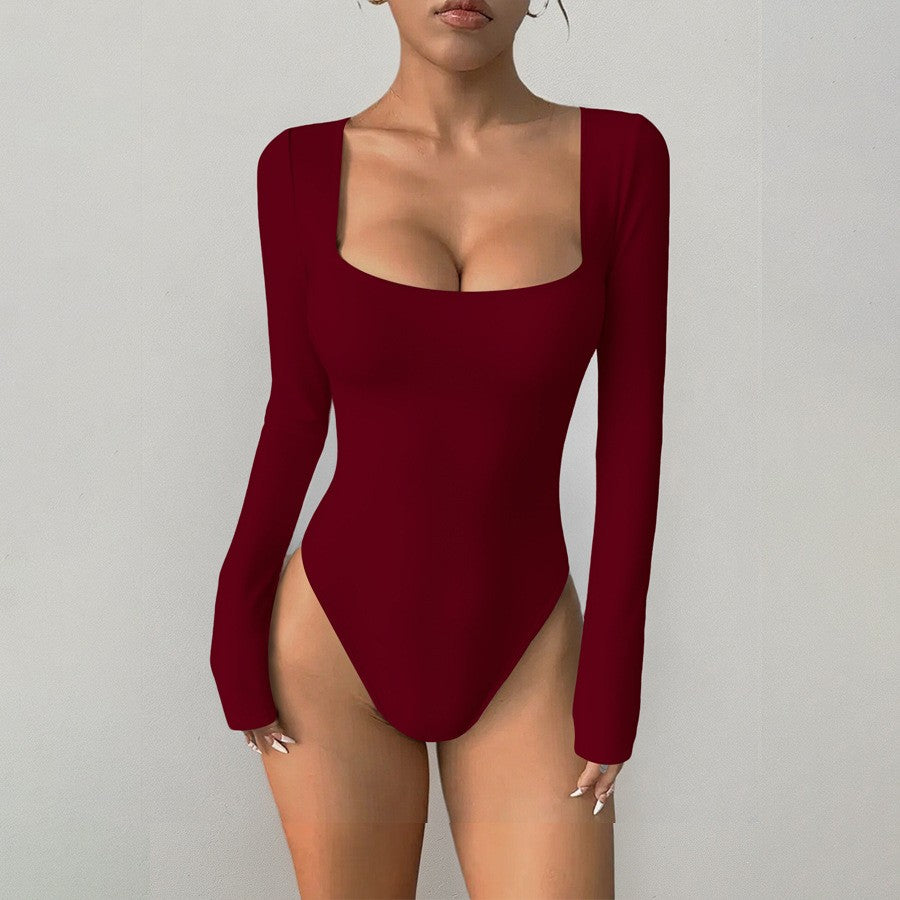 Square Neck Long Sleeve Sculpting Bodysuit - Burgundy