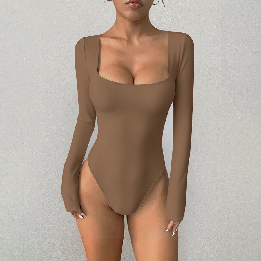 Square Neck Long Sleeve Sculpting Bodysuit - Chestnut