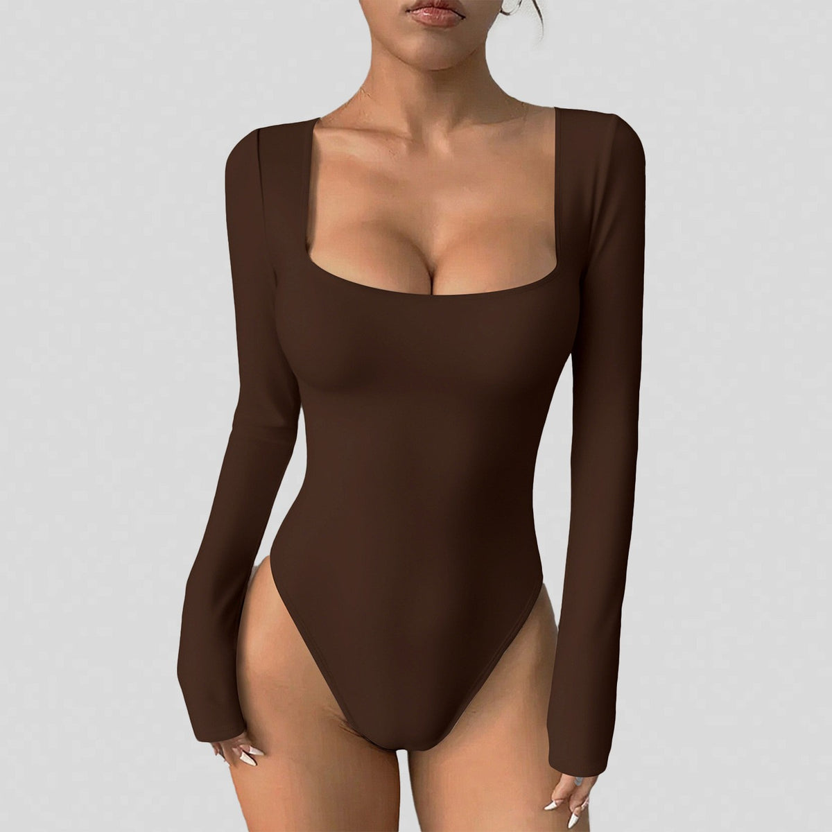 Square Neck Long Sleeve Sculpting Bodysuit - Dark Brown