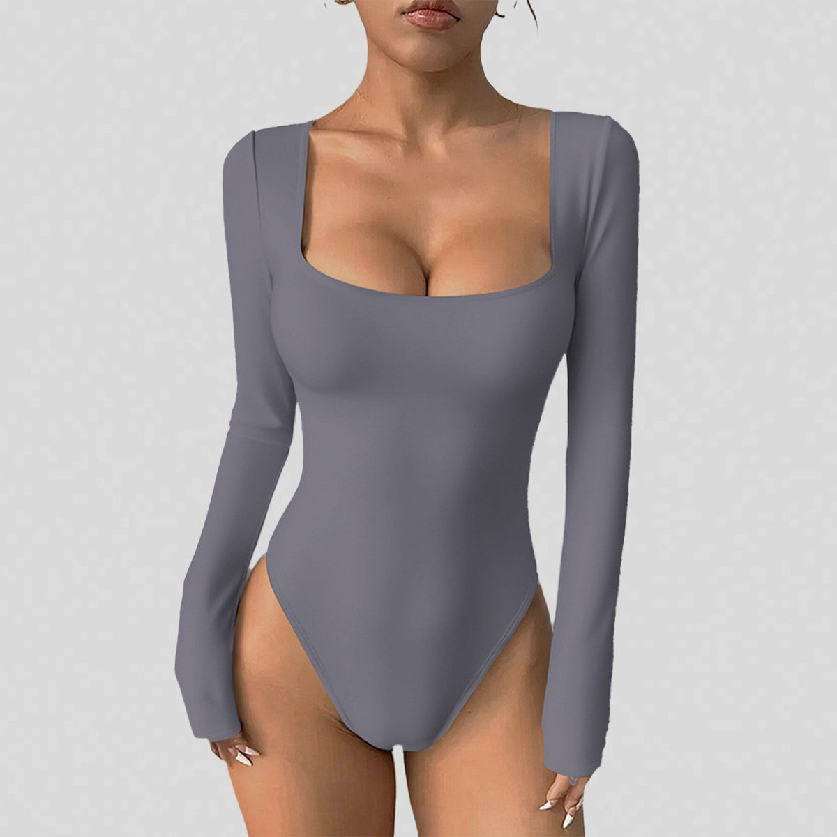 Square Neck Long Sleeve Sculpting Bodysuit - Gray
