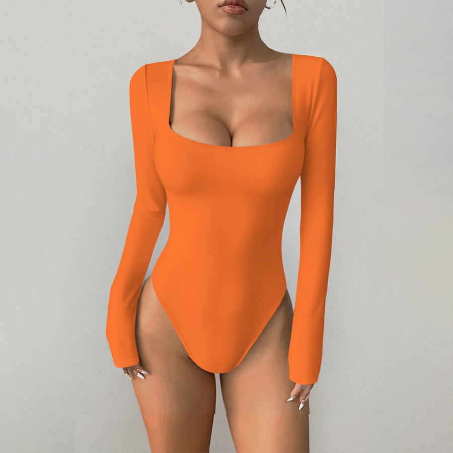Square Neck Long Sleeve Sculpting Bodysuit - Orange