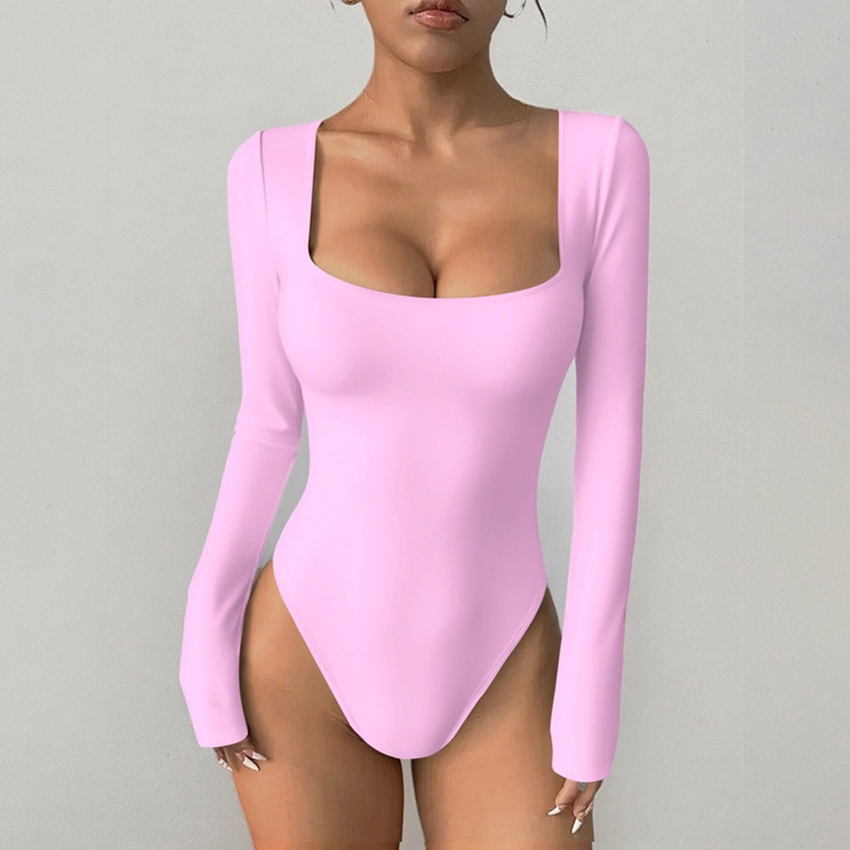 Square Neck Long Sleeve Sculpting Bodysuit - Pink