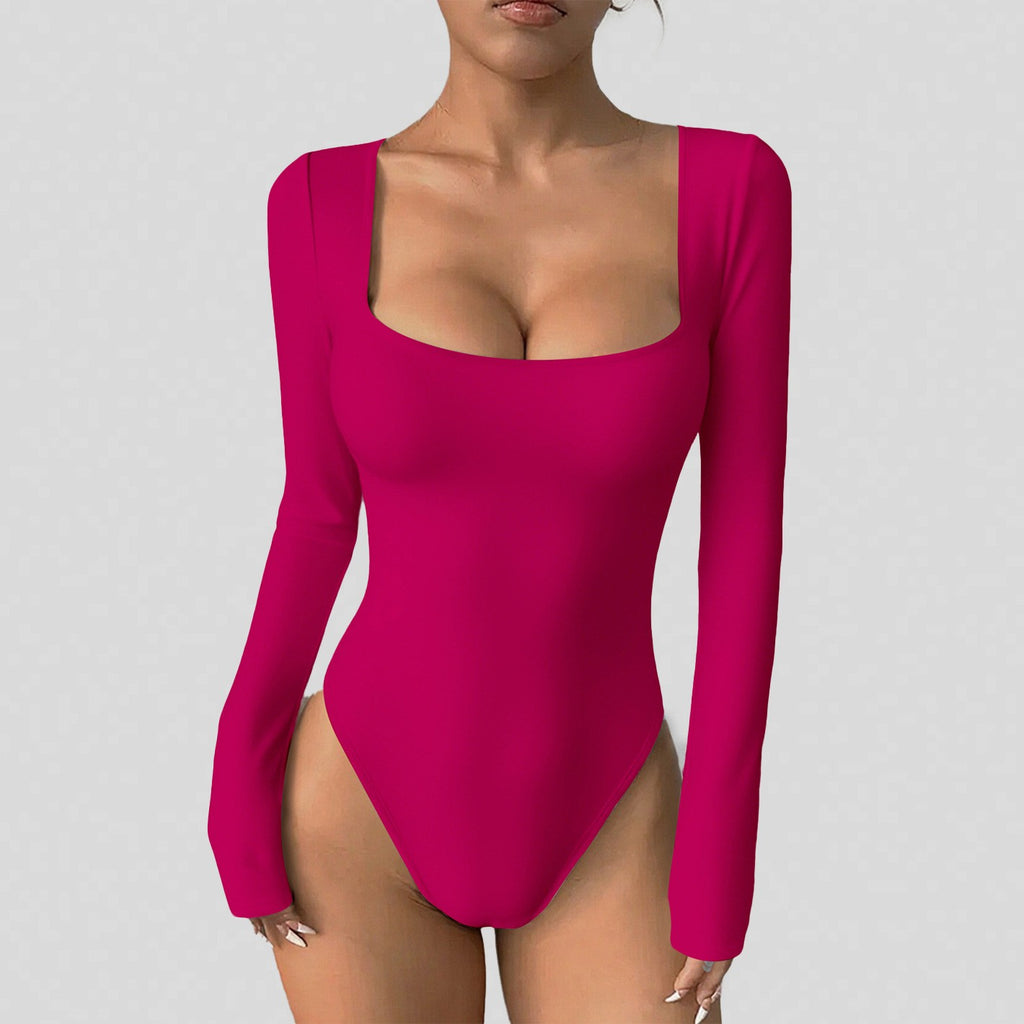 Square Neck Long Sleeve Sculpting Bodysuit - Rose Red