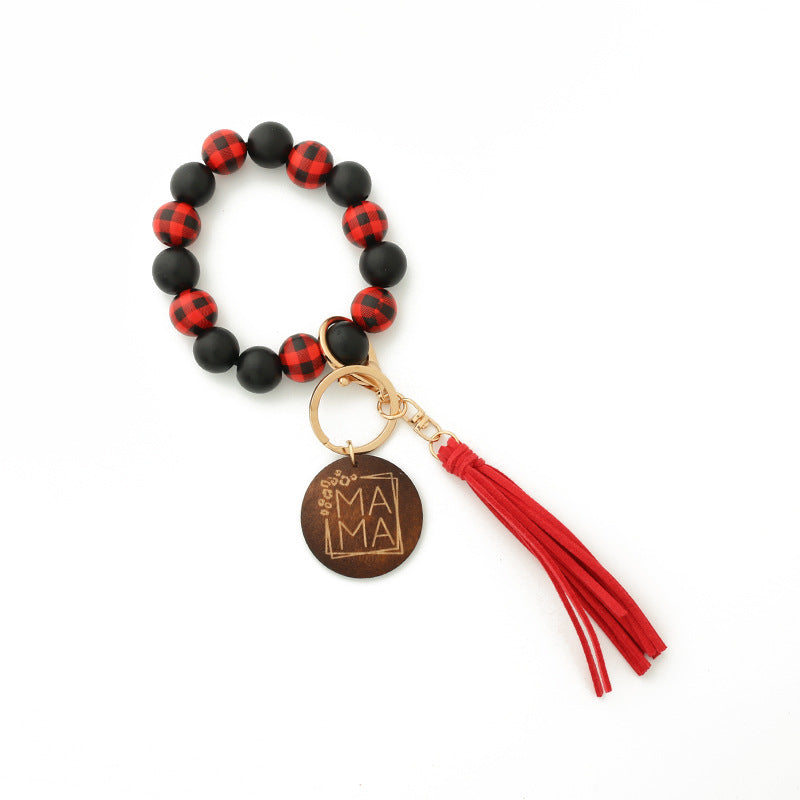 Silicone Bead Bangle Tassel Key Ring - Red