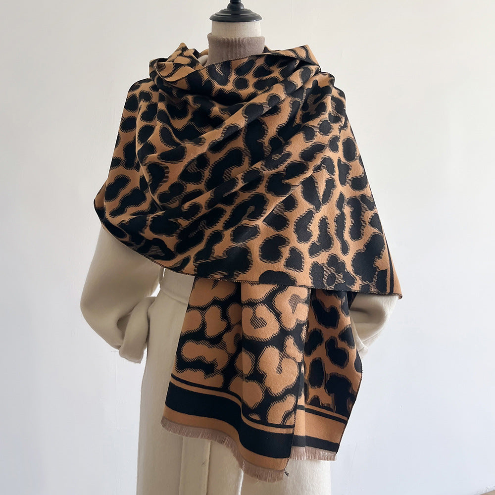 Leopard Jacquard Fringed Blanket Scarf - Coffee