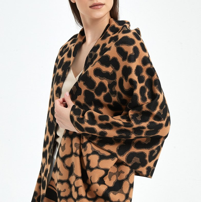 Leopard Jacquard Fringed Blanket Scarf - Coffee - 2