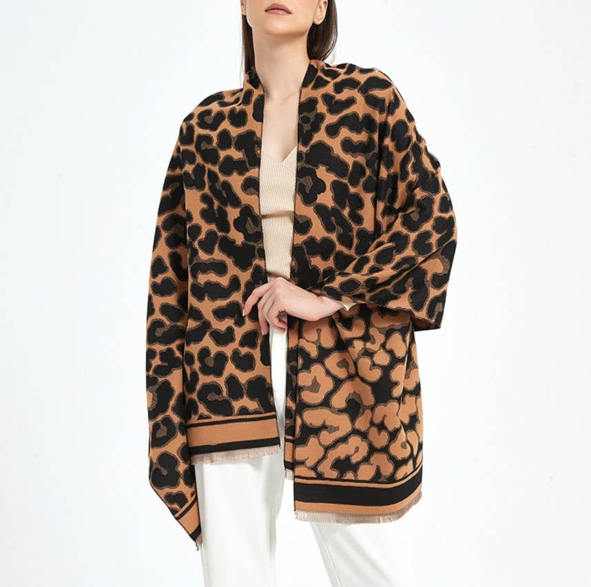 Leopard Jacquard Fringed Blanket Scarf