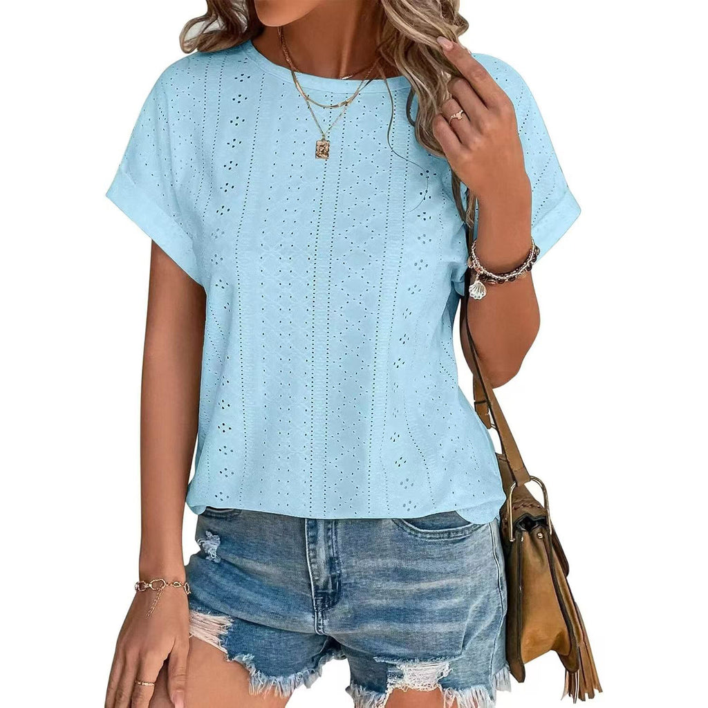 Eyelet Textured Round Neck Short Sleeve Tee - LightBlue
