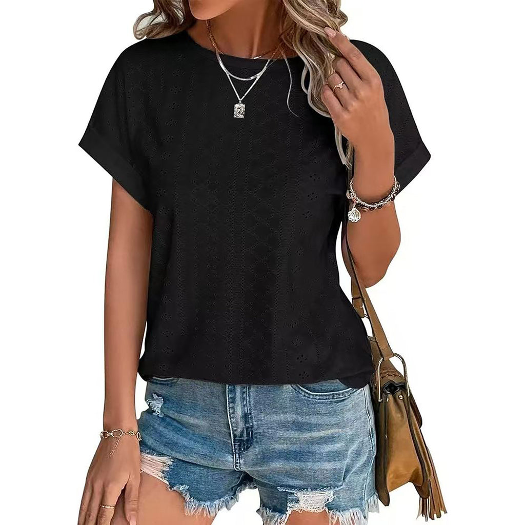 Eyelet Textured Round Neck Short Sleeve Tee - black