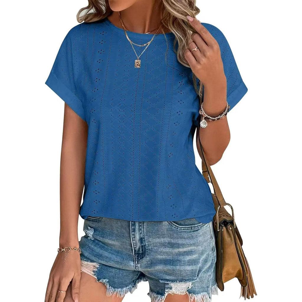 Eyelet Textured Round Neck Short Sleeve Tee - blue