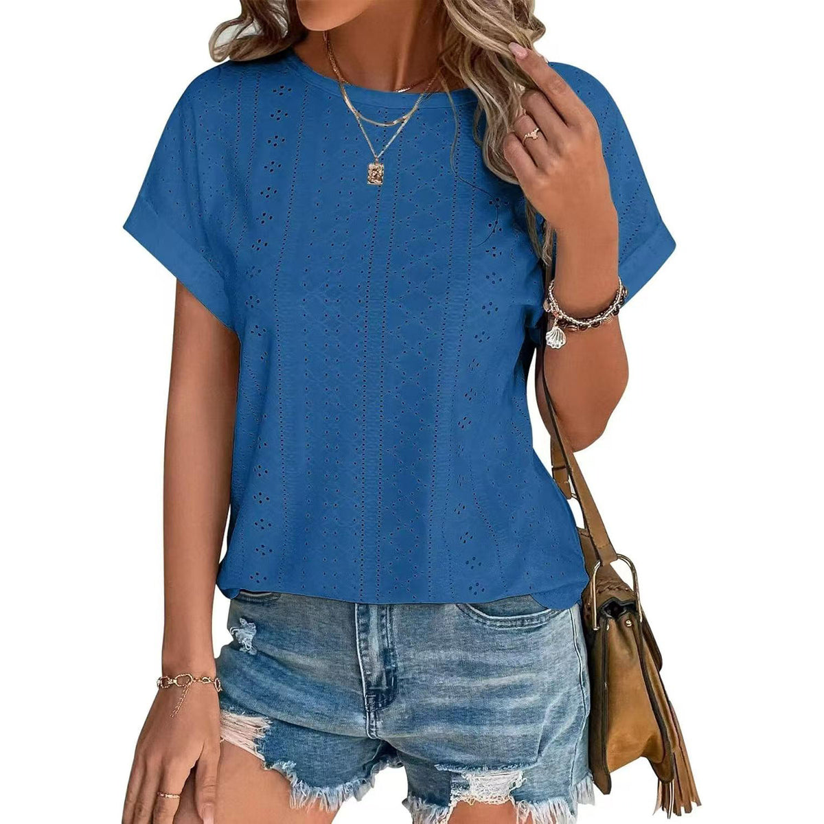 Eyelet Textured Round Neck Short Sleeve Tee - blue