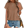 Eyelet Textured Round Neck Short Sleeve Tee - coffee