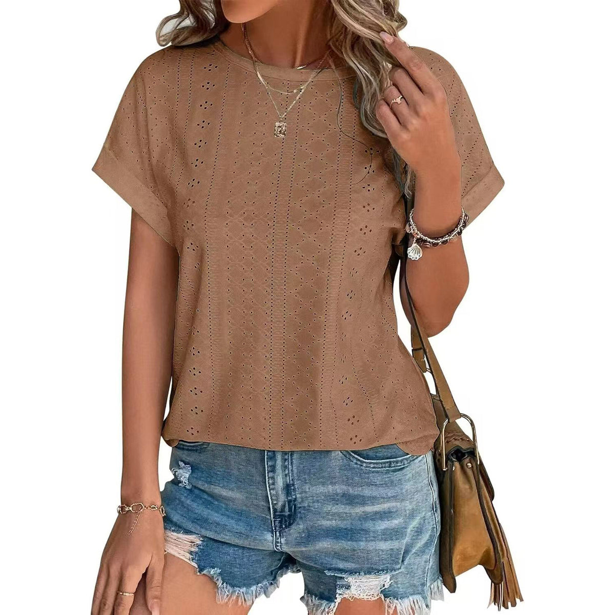 Eyelet Textured Round Neck Short Sleeve Tee - coffee