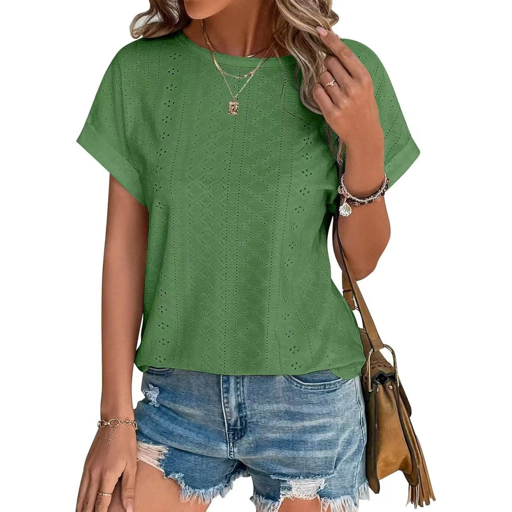 Eyelet Textured Round Neck Short Sleeve Tee - green