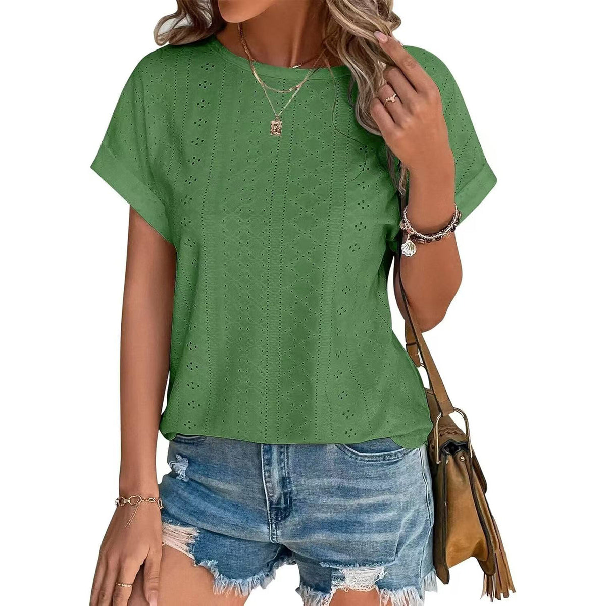 Eyelet Textured Round Neck Short Sleeve Tee - green
