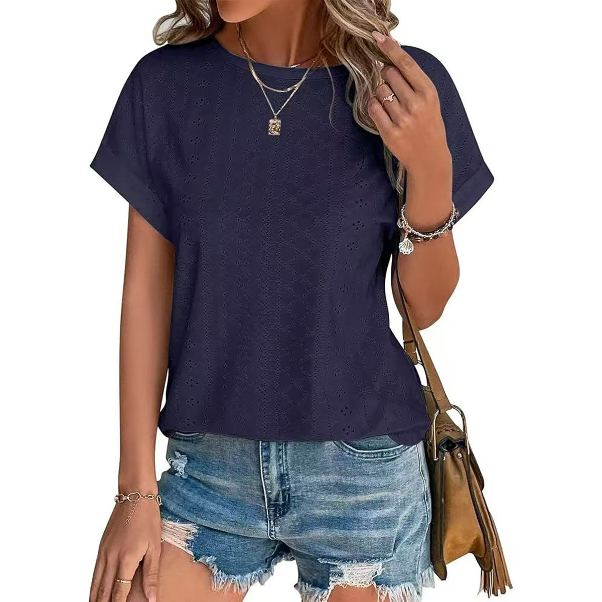 Eyelet Textured Round Neck Short Sleeve Tee - navy