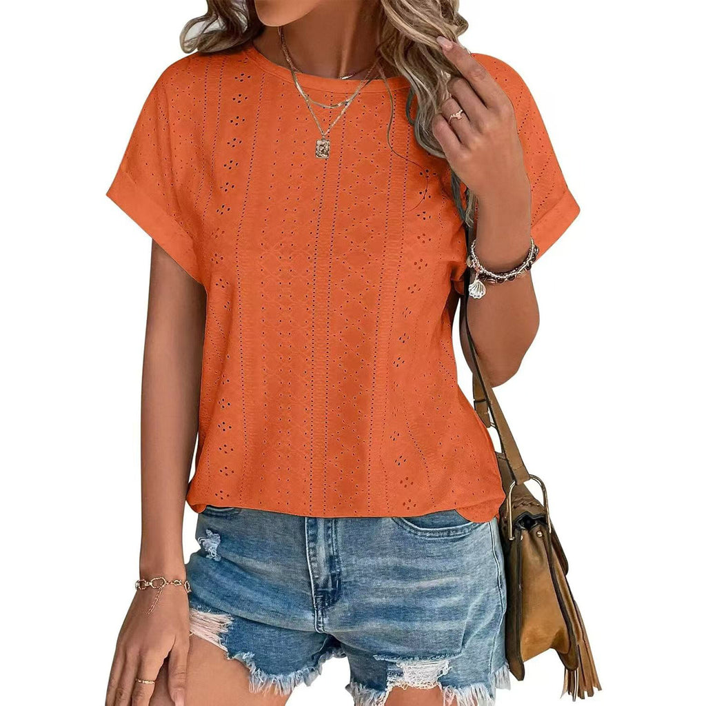 Eyelet Textured Round Neck Short Sleeve Tee - orange