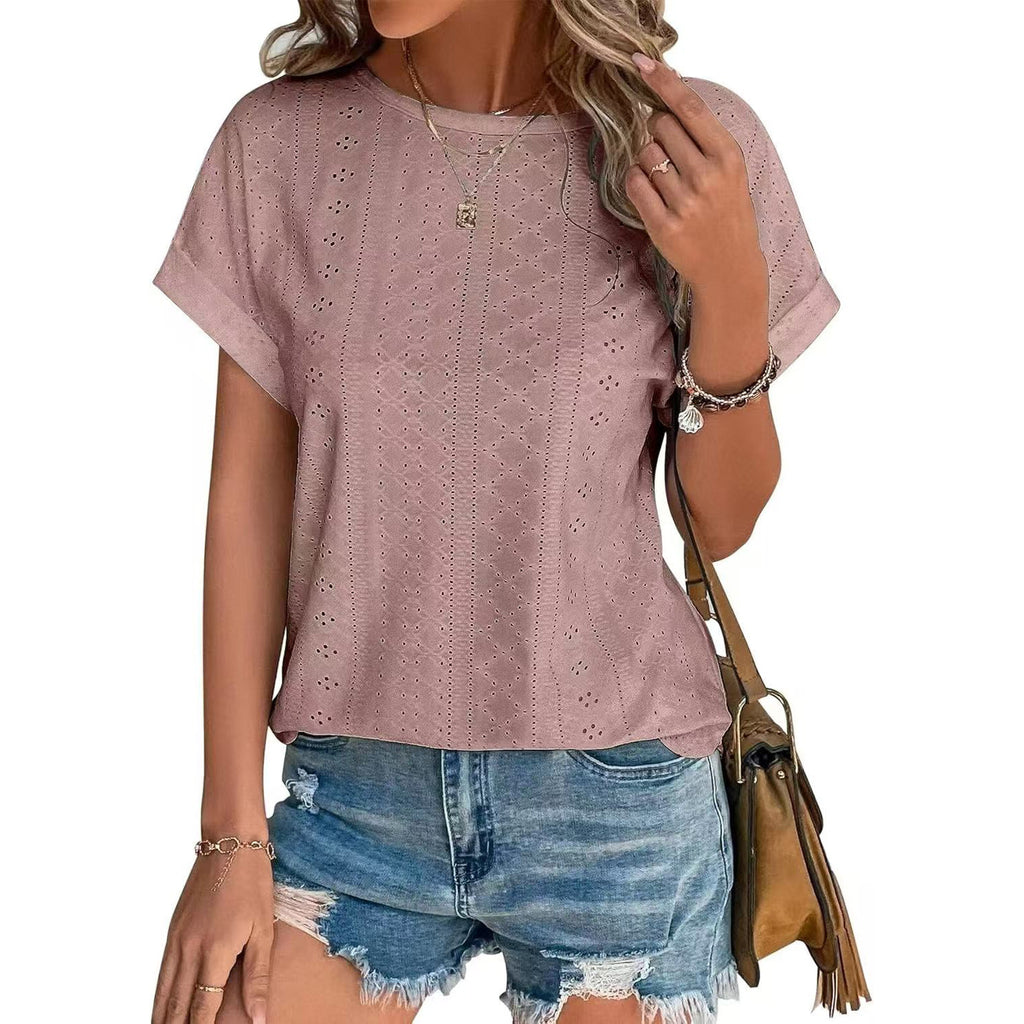 Eyelet Textured Round Neck Short Sleeve Tee - pink