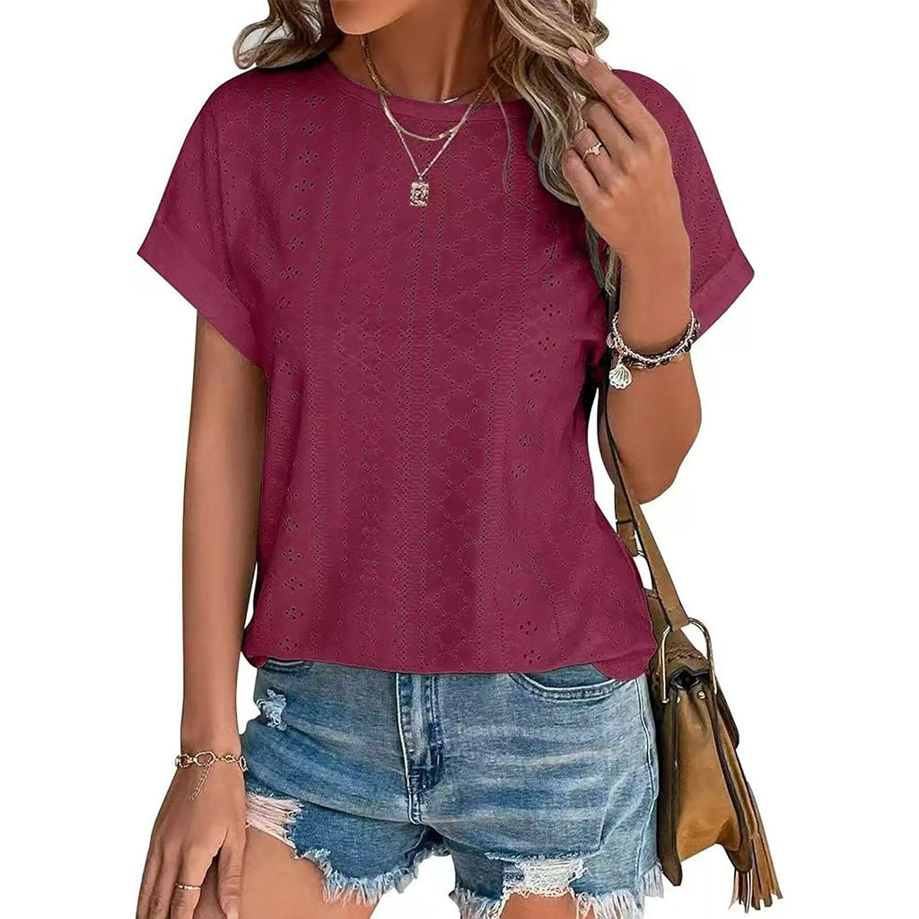 Eyelet Textured Round Neck Short Sleeve Tee - red