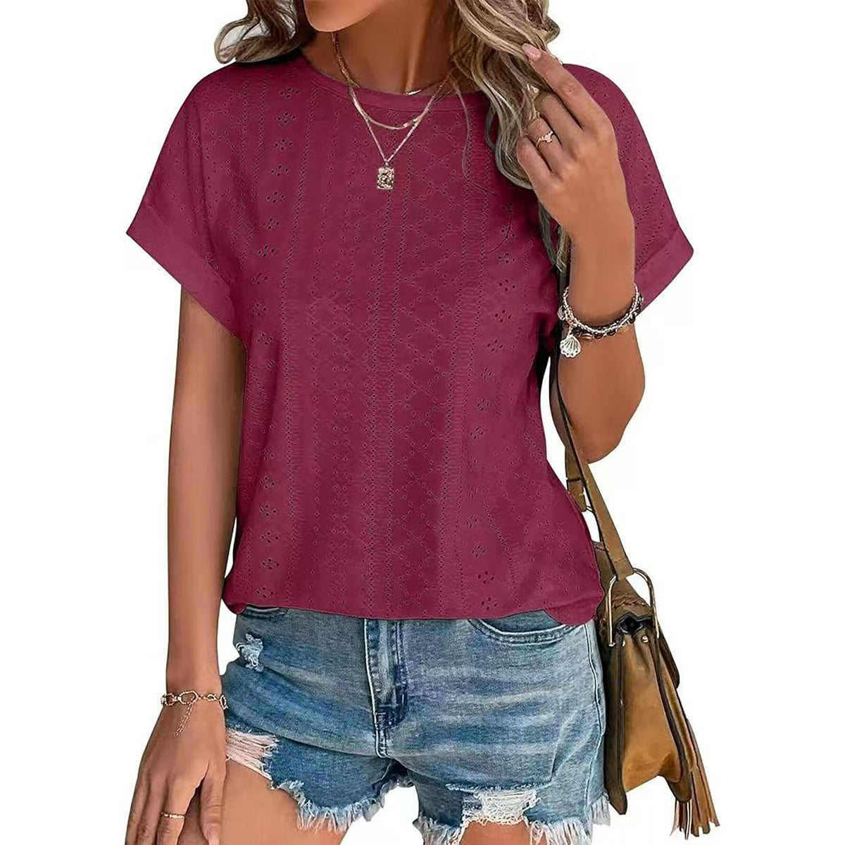 Eyelet Textured Round Neck Short Sleeve Tee - red