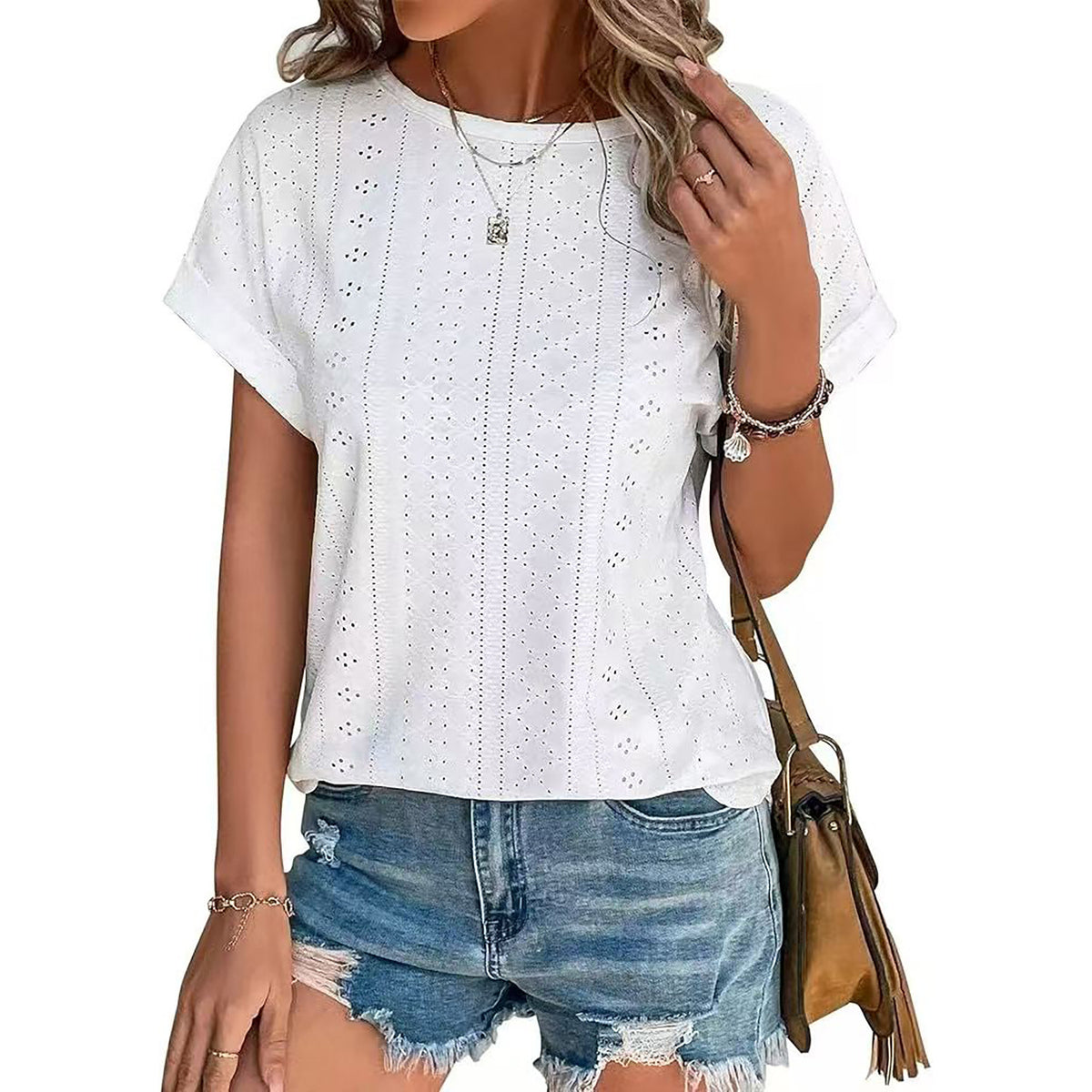 Eyelet Textured Round Neck Short Sleeve Tee - white
