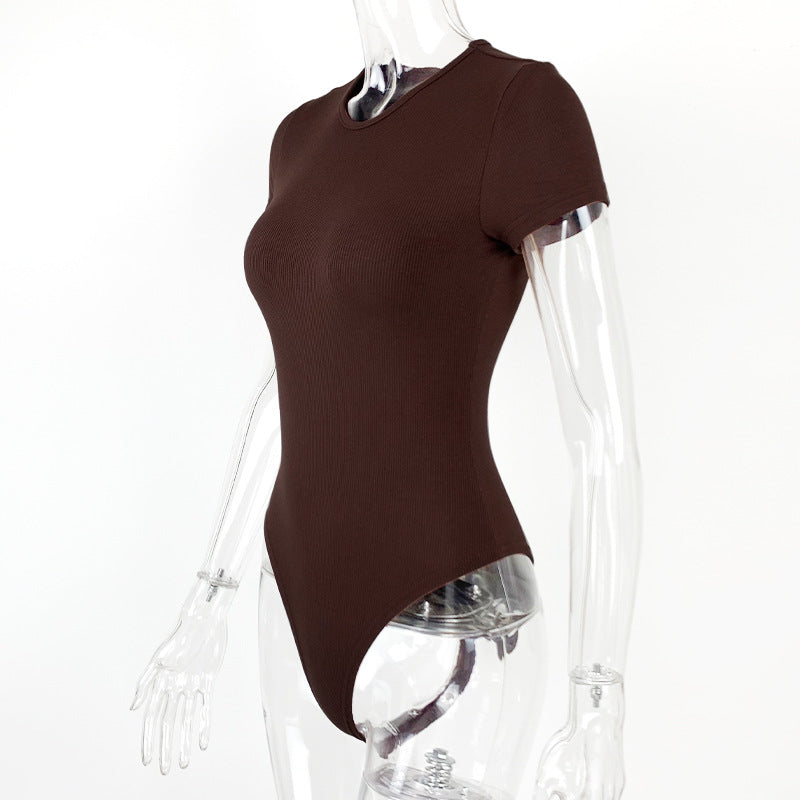 Short Sleeve Crew Neck Bodysuit - Coffee