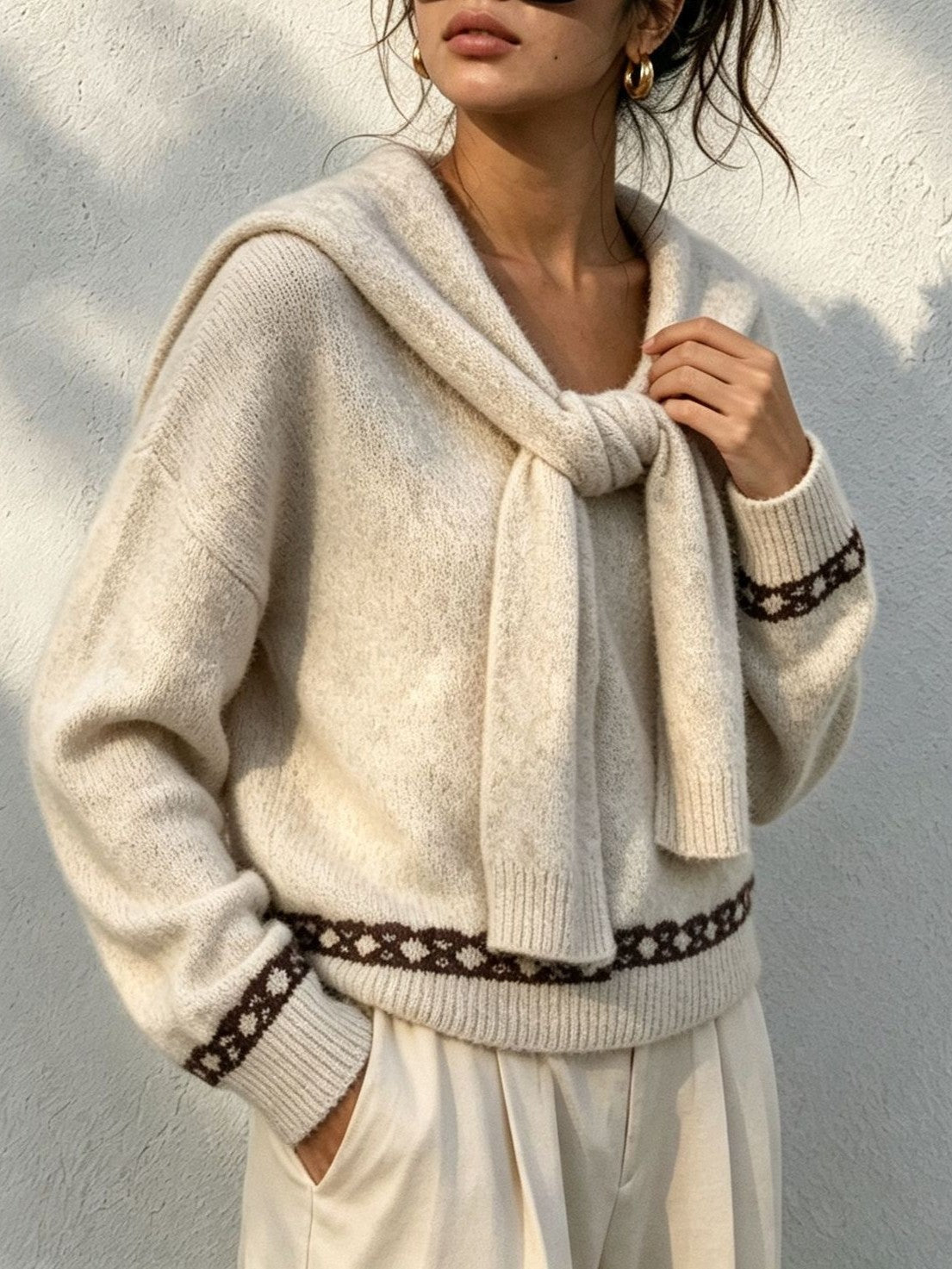 Scarf Collar Knit Sweater With Bow Heart Jacquard Back - Apricot