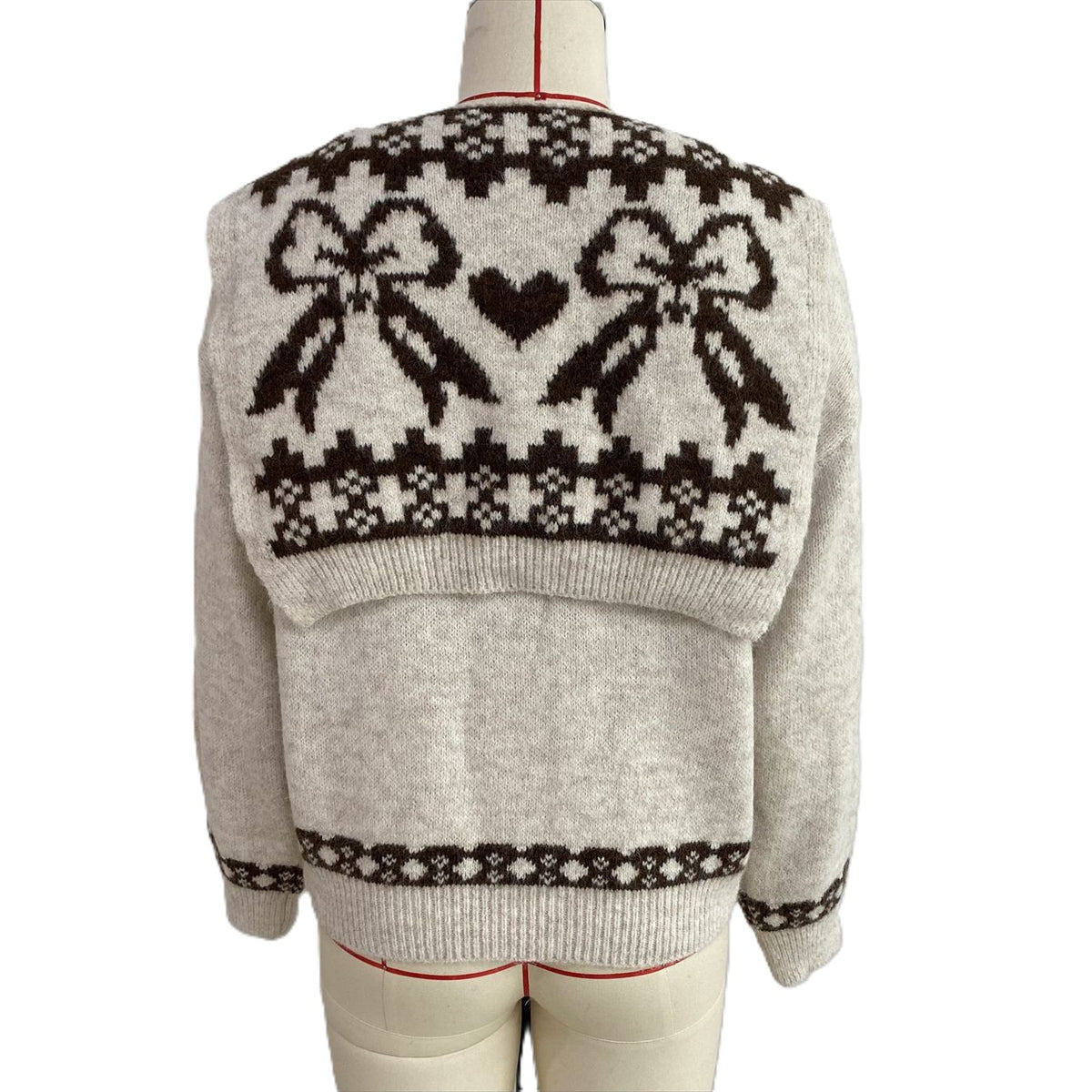 Scarf Collar Knit Sweater With Bow Heart Jacquard Back - Apricot - 1