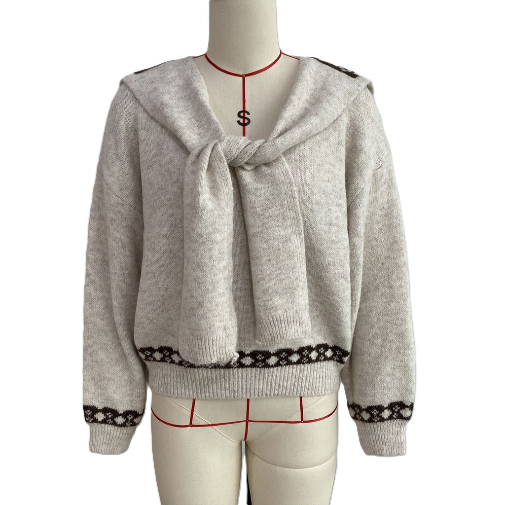 Scarf Collar Knit Sweater With Bow Heart Jacquard Back - Apricot - 2
