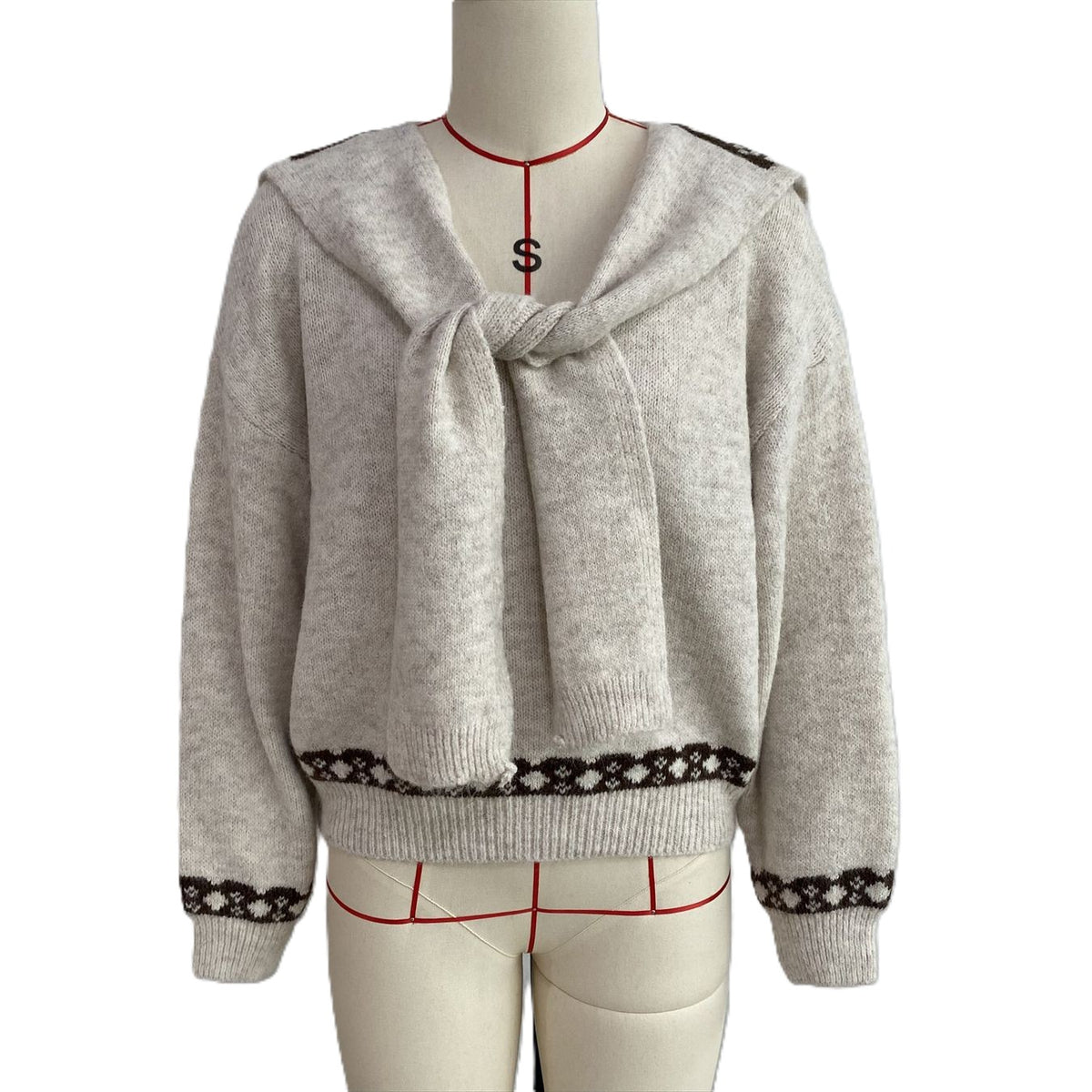 Scarf Collar Knit Sweater With Bow Heart Jacquard Back - Apricot - 2