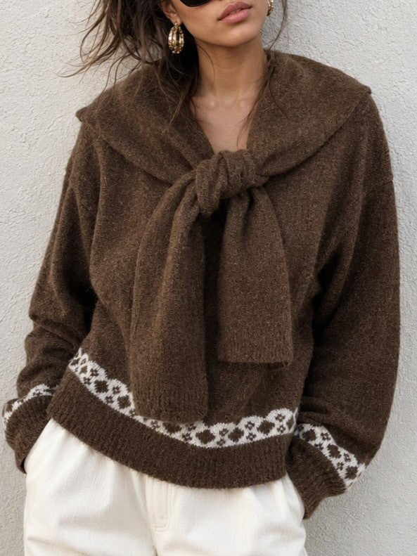 Scarf Collar Knit Sweater With Bow Heart Jacquard Back - Brown