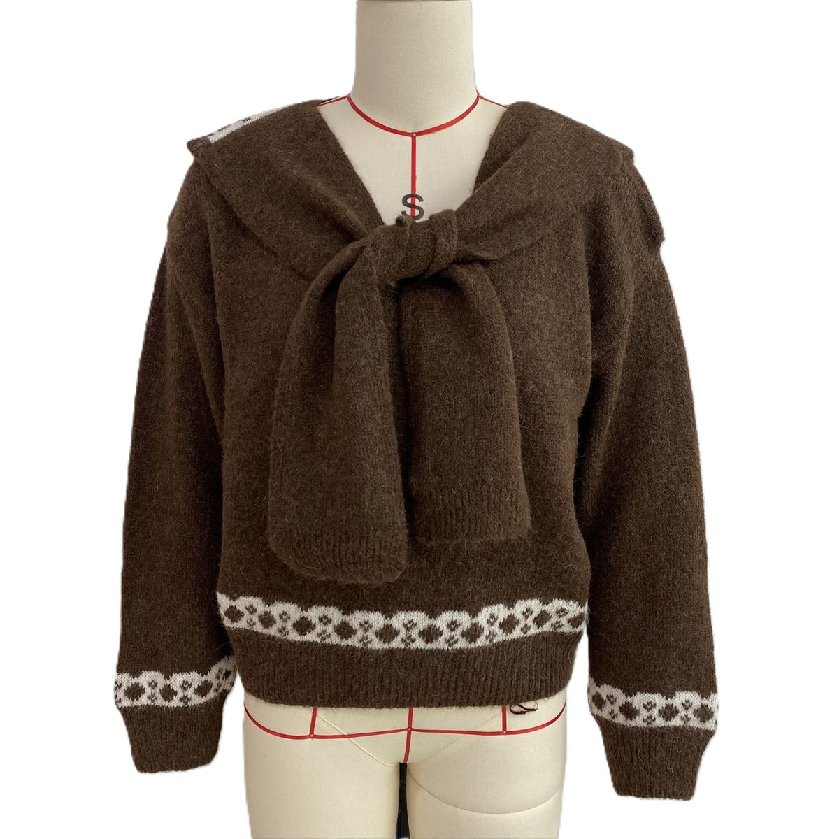 Scarf Collar Knit Sweater With Bow Heart Jacquard Back - Brown - 1