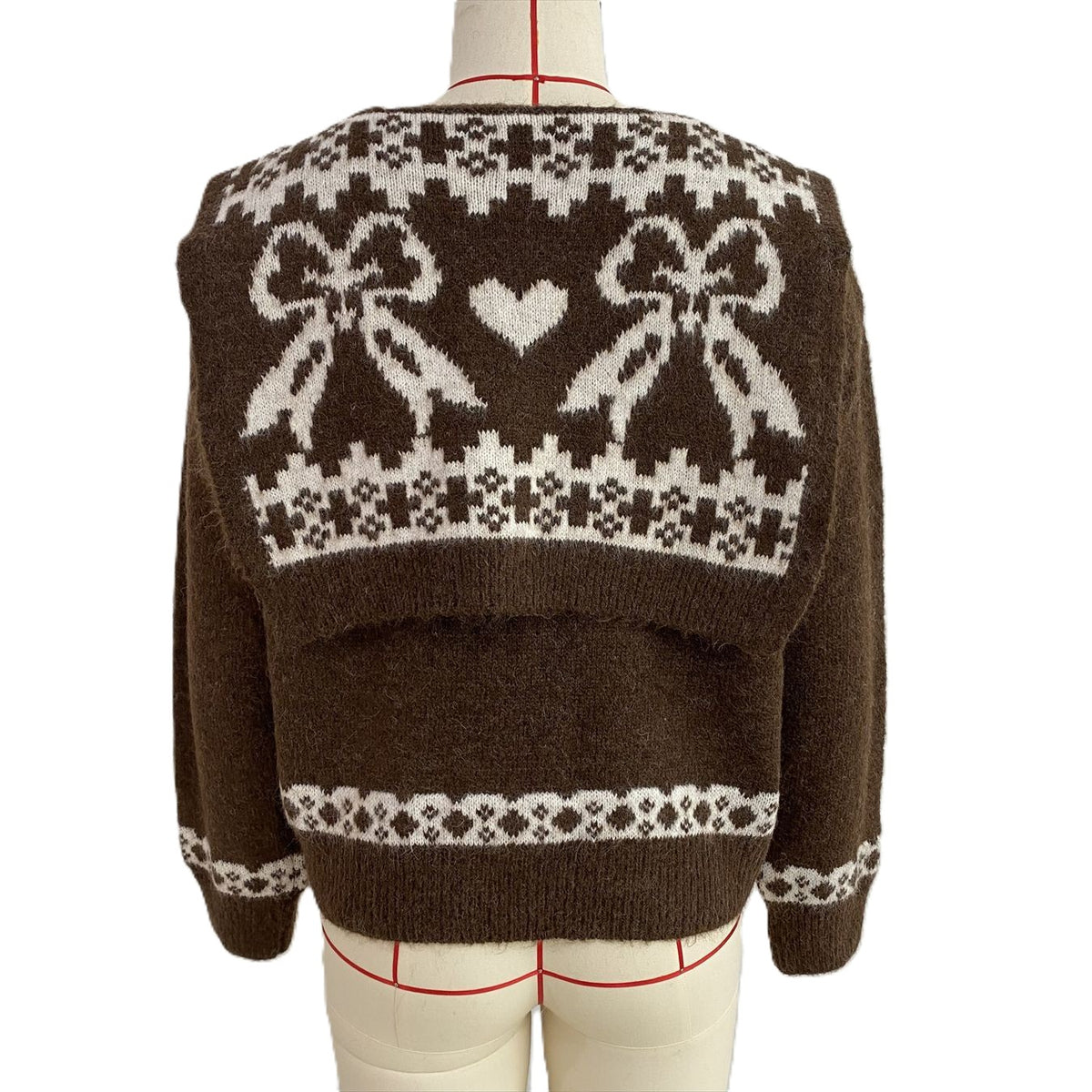 Scarf Collar Knit Sweater With Bow Heart Jacquard Back - Brown - 2