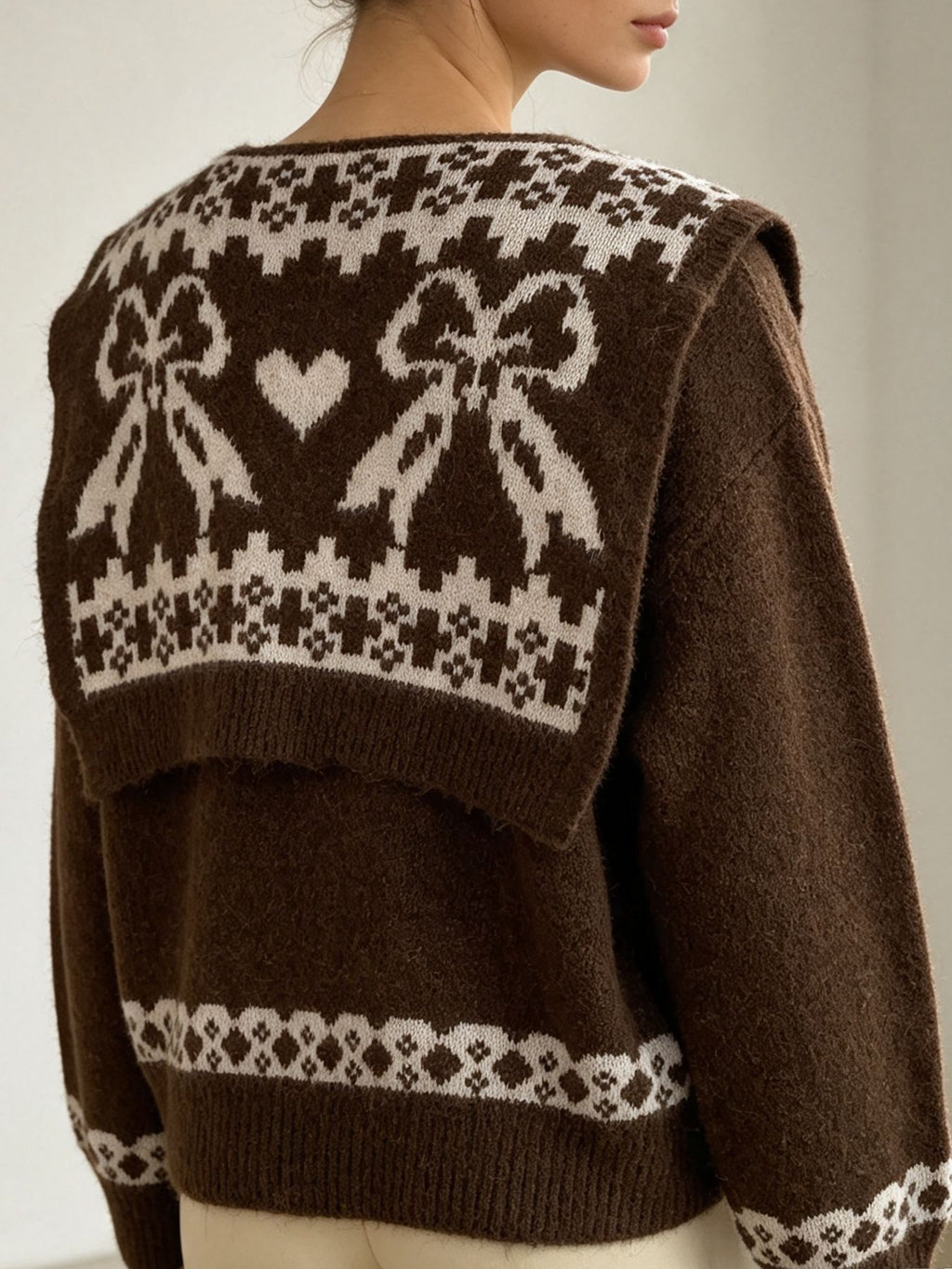 Scarf Collar Knit Sweater With Bow Heart Jacquard Back - Brown - 3