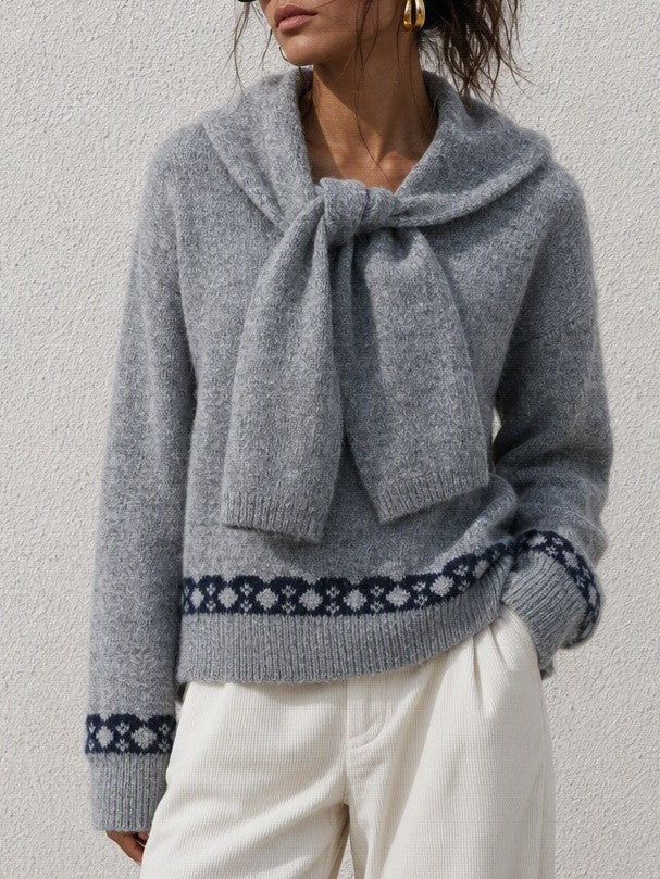 Scarf Collar Knit Sweater With Bow Heart Jacquard Back - Grey
