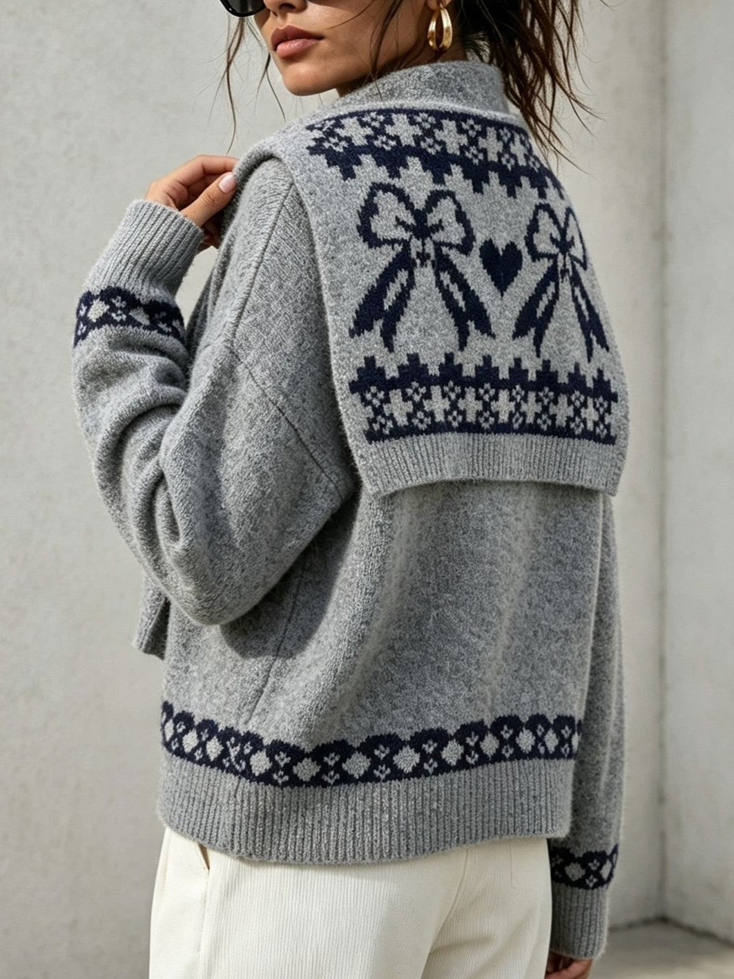 Scarf Collar Knit Sweater With Bow Heart Jacquard Back - Grey - 2