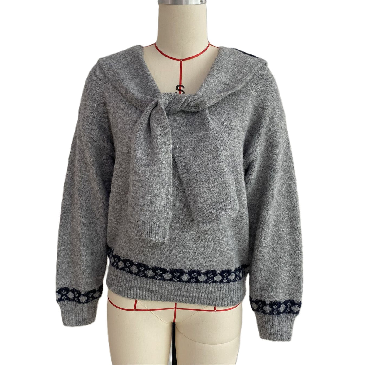 Scarf Collar Knit Sweater With Bow Heart Jacquard Back - Grey - 3