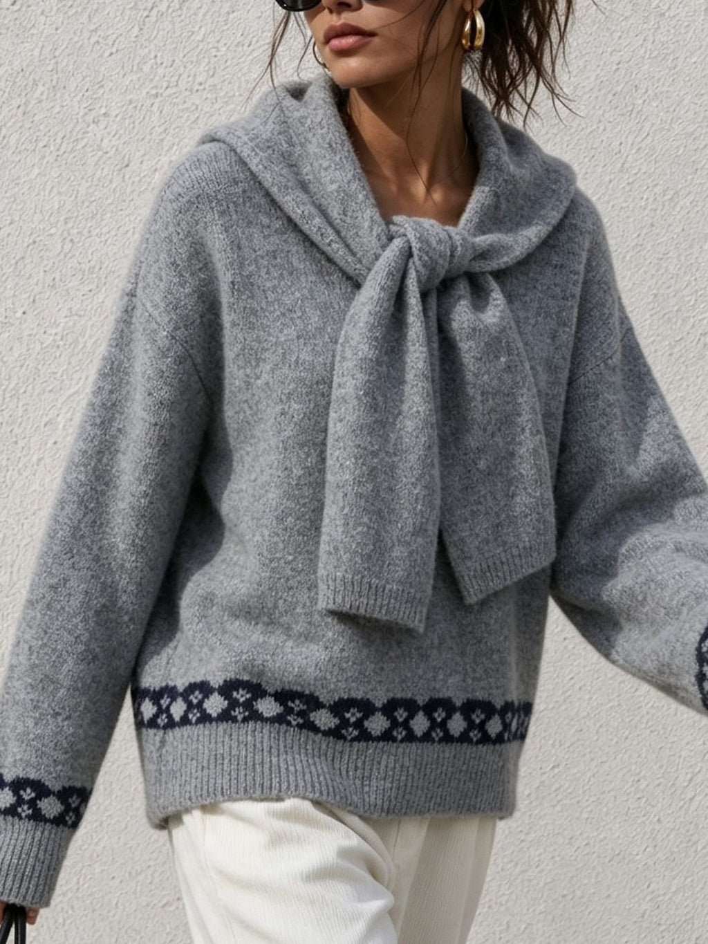 Scarf Collar Knit Sweater With Bow Heart Jacquard Back - Grey - 4